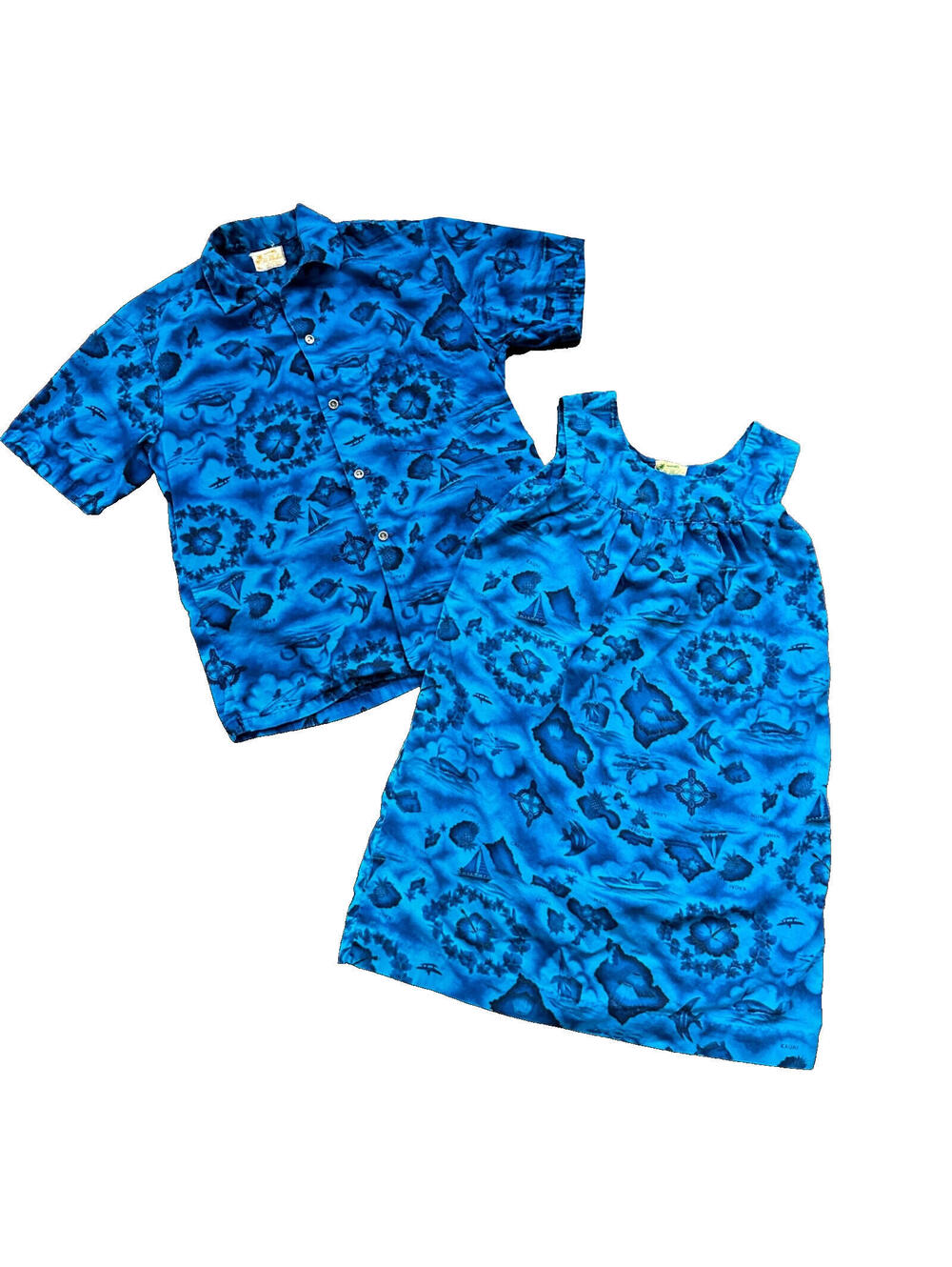 Ui-Maikai Vintage 1960s Barkcloth Blue Hibiscus Dress And Shirt Rockabilly Rare